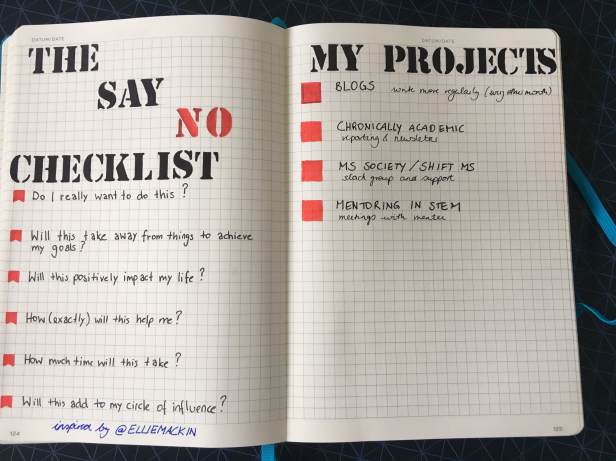 The say no checklist: Do I really want to do this? Will it take away from things to achieve my goals? Will this positively impact my life? How exactly will this help me? How much time will this take? Will this add to my circle of influence? Right side my projects: Blogs, Chronically Academic, MS Society/Shift MS, Mentoring in STEM