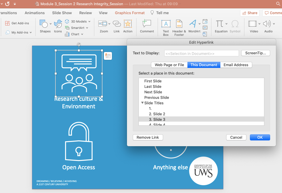 A screenshot from PowerPoint showing the menu slide with the first icon highlighted and the Hyperlink menu open showing the This document section highlighted and Slide 3 selected. 