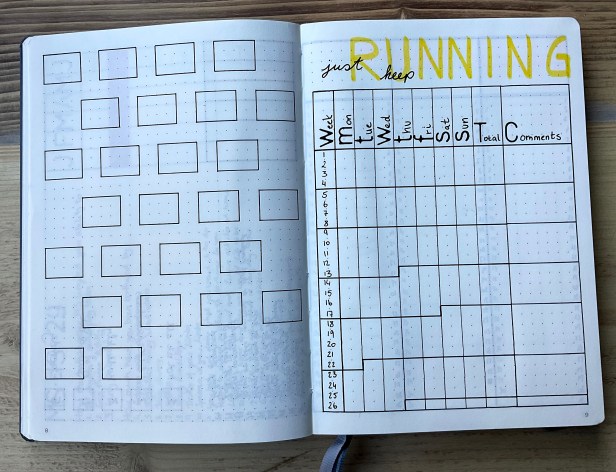 Running log. Left hand side has a box for each week from week 1 to 26 where I can track accumulative km. The right hand side has a table with a column for each week day, weekly total and comments to rack running in more detail. It says Just keep running above the table.