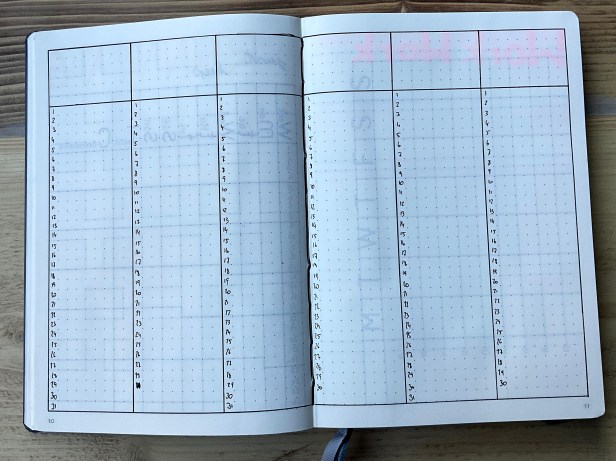 6 months habit tracker. column for each month with the option to track 8 habits. The trackers is currently empty.