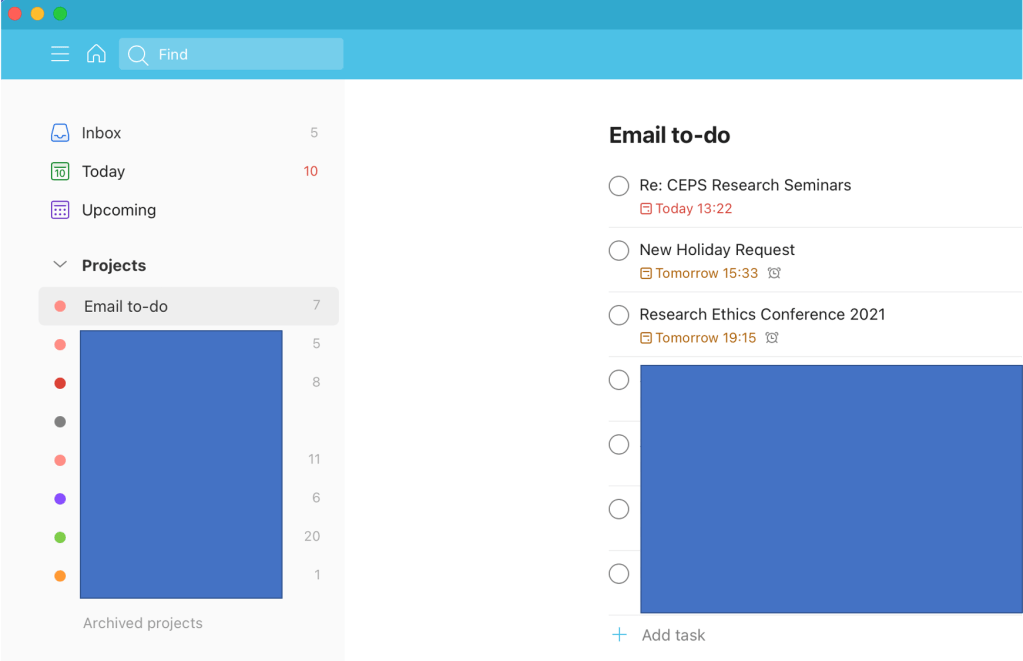 Screenshot of ToDoist menu now showing tasks in the Email to-do list.