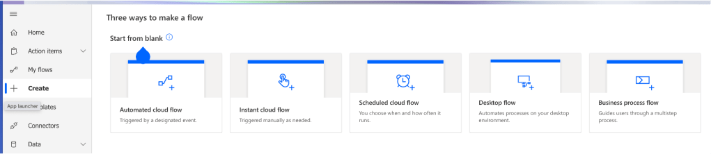Screenshot Office 365 showing the Power Automate option under create.