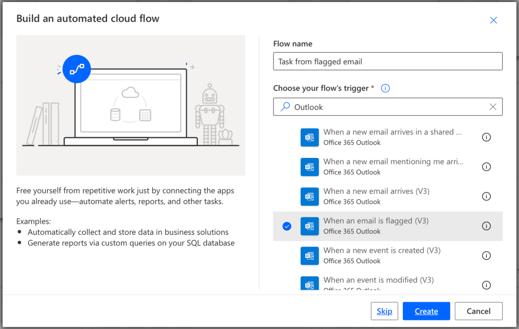 Screenshot showing the Build an automated flow set up window.