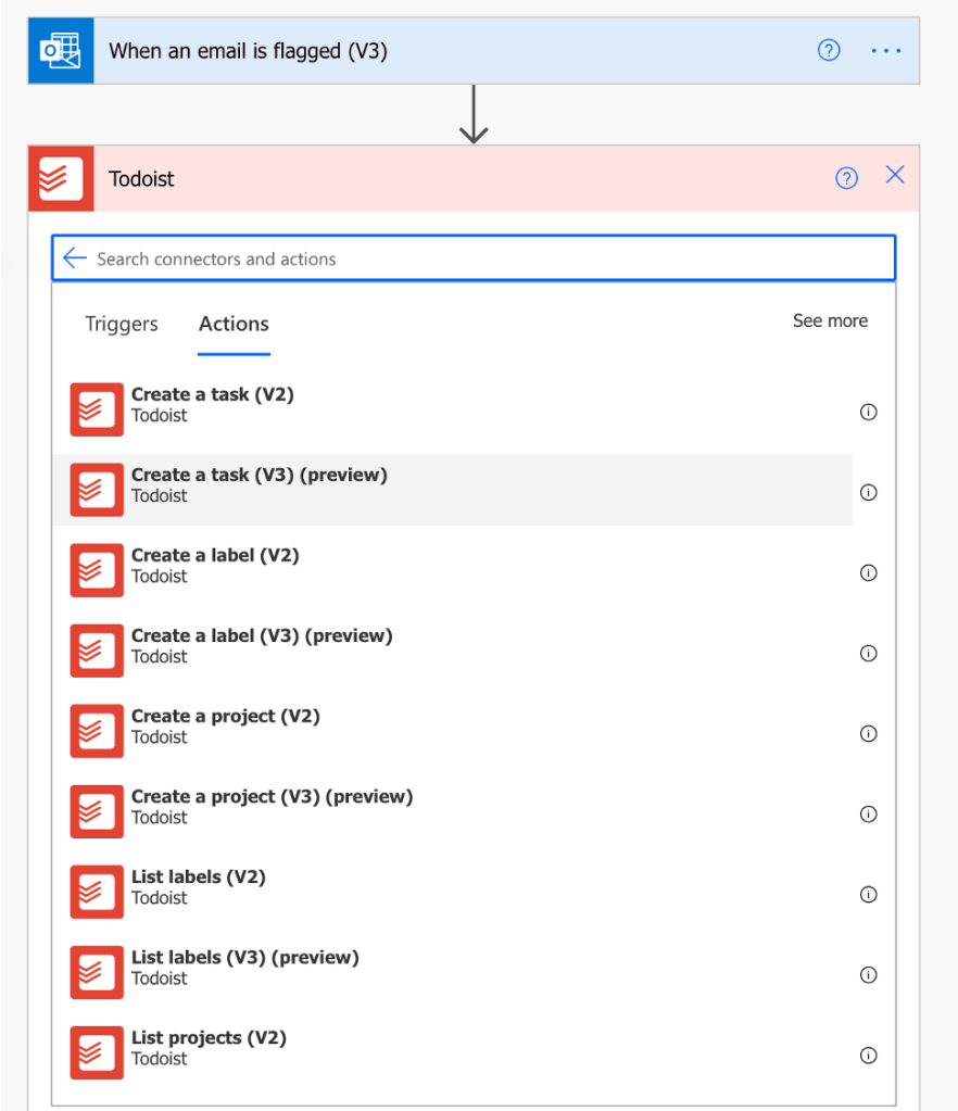 Screenshot showing the flow set up window after When an email is flagged.