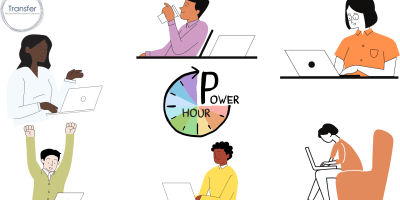 Different comics of people writing on laptops. In the middle is the Power Hour logo.