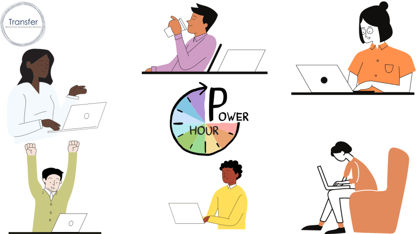 Different comics of people writing on laptops. In the middle is the Power Hour logo.