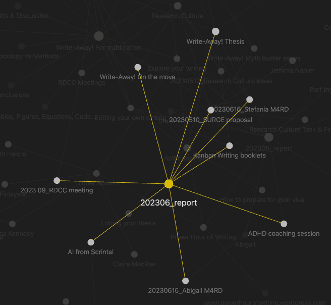 A graph view of my June 2023 report with connection to project I have in Obsidian as well. 