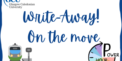 An advert for the train writing retreat. GCU logo, Power Hour logo, a comic of a train from the front. The text reads: Write-Away! On the move.