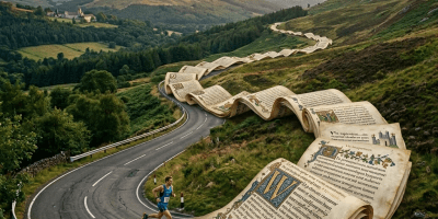 Curving road merging into a medieval manuscript scroll with ornate text and decorations.