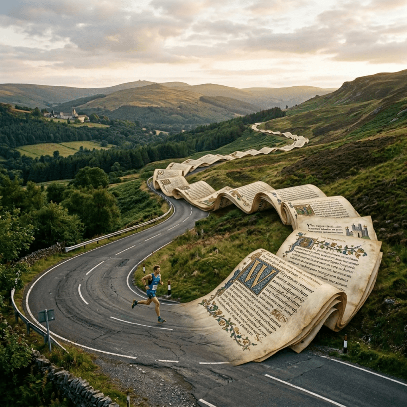 Curving road merging into a medieval manuscript scroll with ornate text and decorations.
