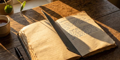 Open vintage journal with handwritten notes on wooden table near window
