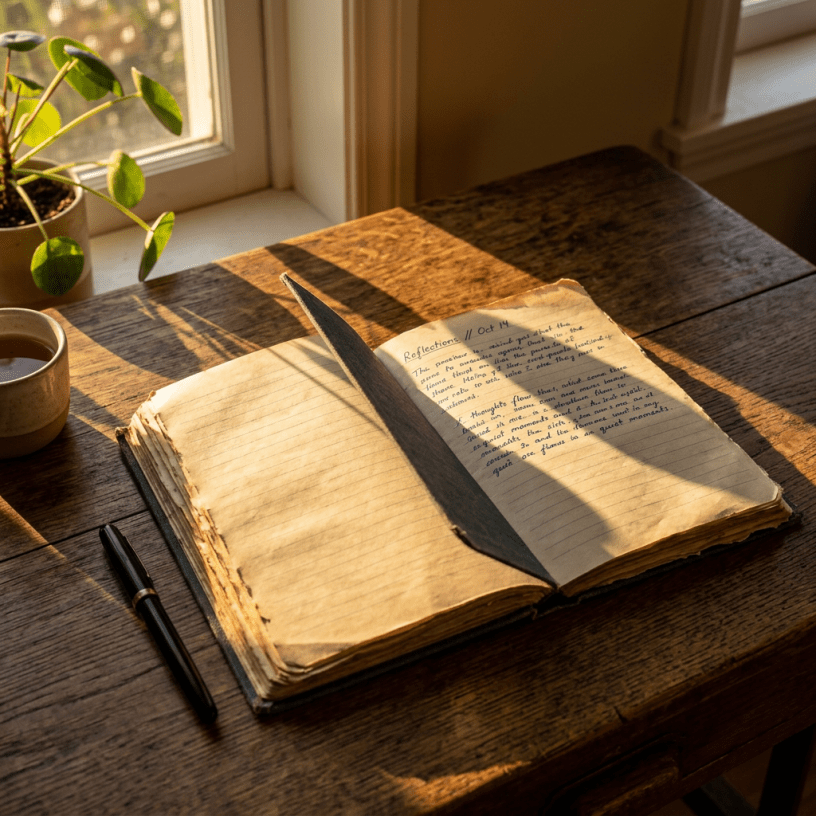 Open vintage journal with handwritten notes on wooden table near window